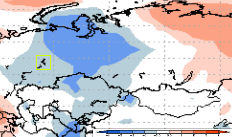 Ожидаемое отклонение температуры воздуха от нормы в марте 2024 по данным Гидрометцентра России и ГГО им. Воейкова (°С)