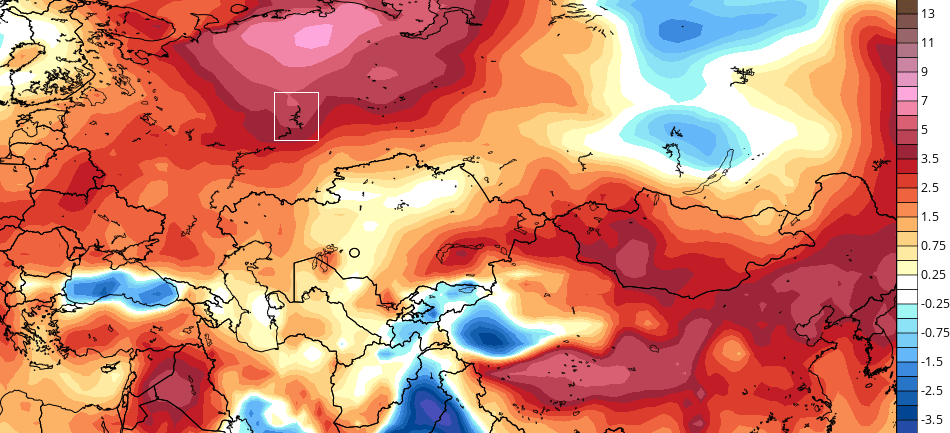Ожидаемое отклонение температуры воздуха от нормы 1 - 5 августа по данным CFS (°С)