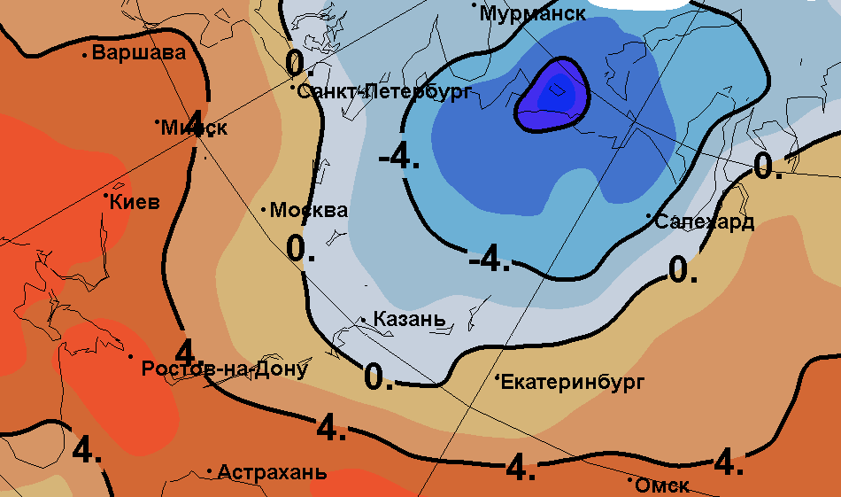 Ожидаемое отклонение температуры воздуха от нормы 4 - 7 января по данным Гидрометцентра России (°С)