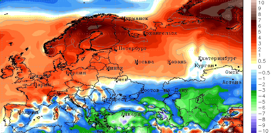Ожидаемое отклонение температуры воздуха от нормы 21 - 25 марта по данным CFS (°С)
