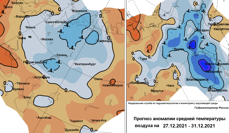 Ожидаемое отклонение температуры воздуха от нормы 27 - 31 декабря по данным Гидрометцентра России (°С)